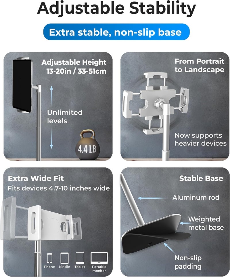 cooper TabStand, 20" Tall iPad Stand for Desk, Portable Monitor Holder up to 17" Holds 4.4lb, Desktop Tablet Stand, Tablet Mount, Apple iPad Holder for Desk, for Samsung, Kindle, Fire (Frost White) - Image 4